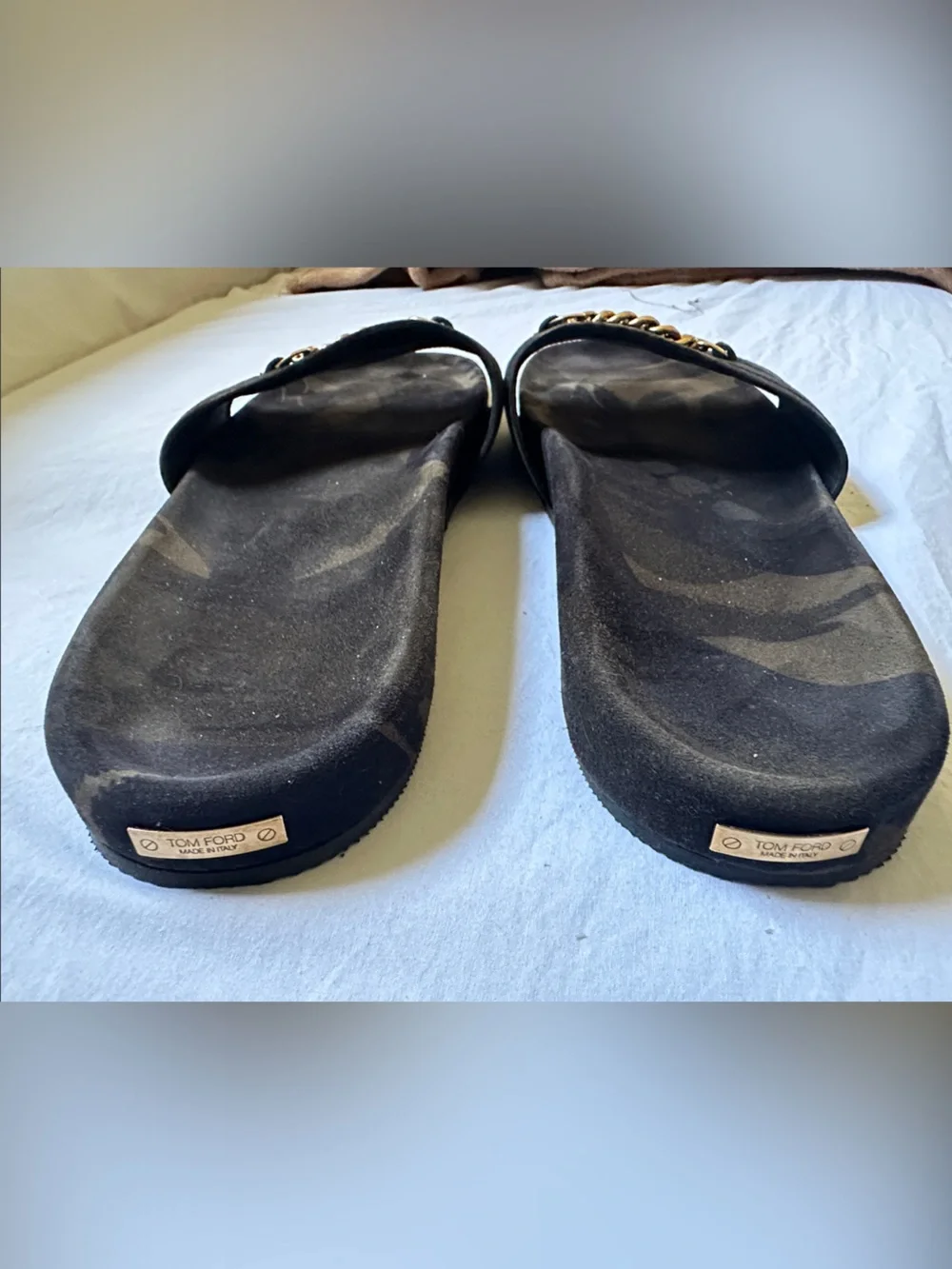 Tom Ford Gold Chain Accent Green Black Camouflage Men’s Slide Sandals Size 12T